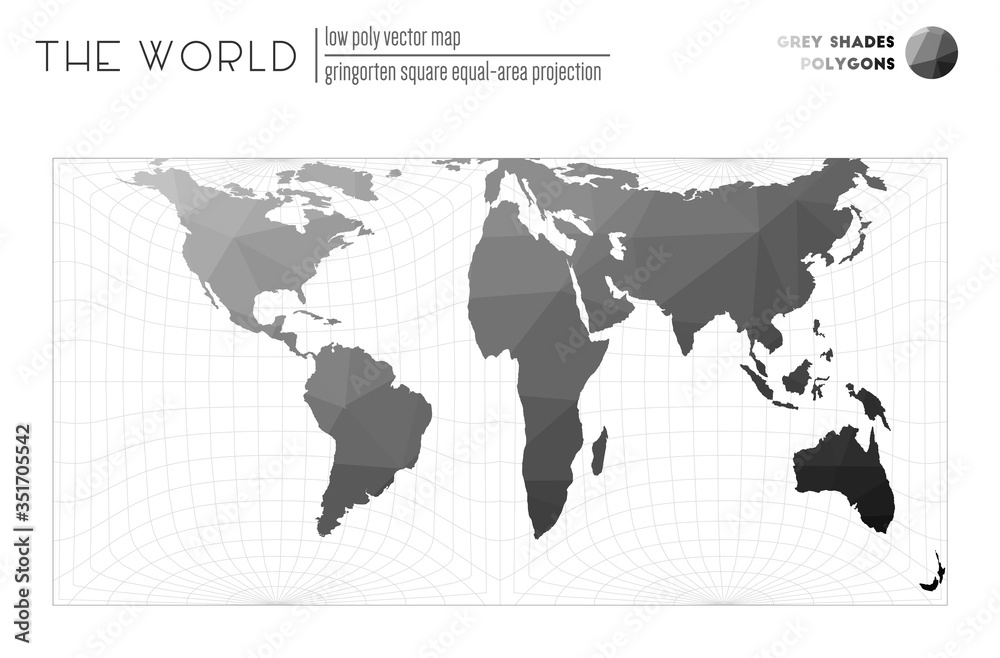 World map in polygonal style. Gringorten square equal-area projection of the world. Grey Shades colored polygons. Modern vector illustration.