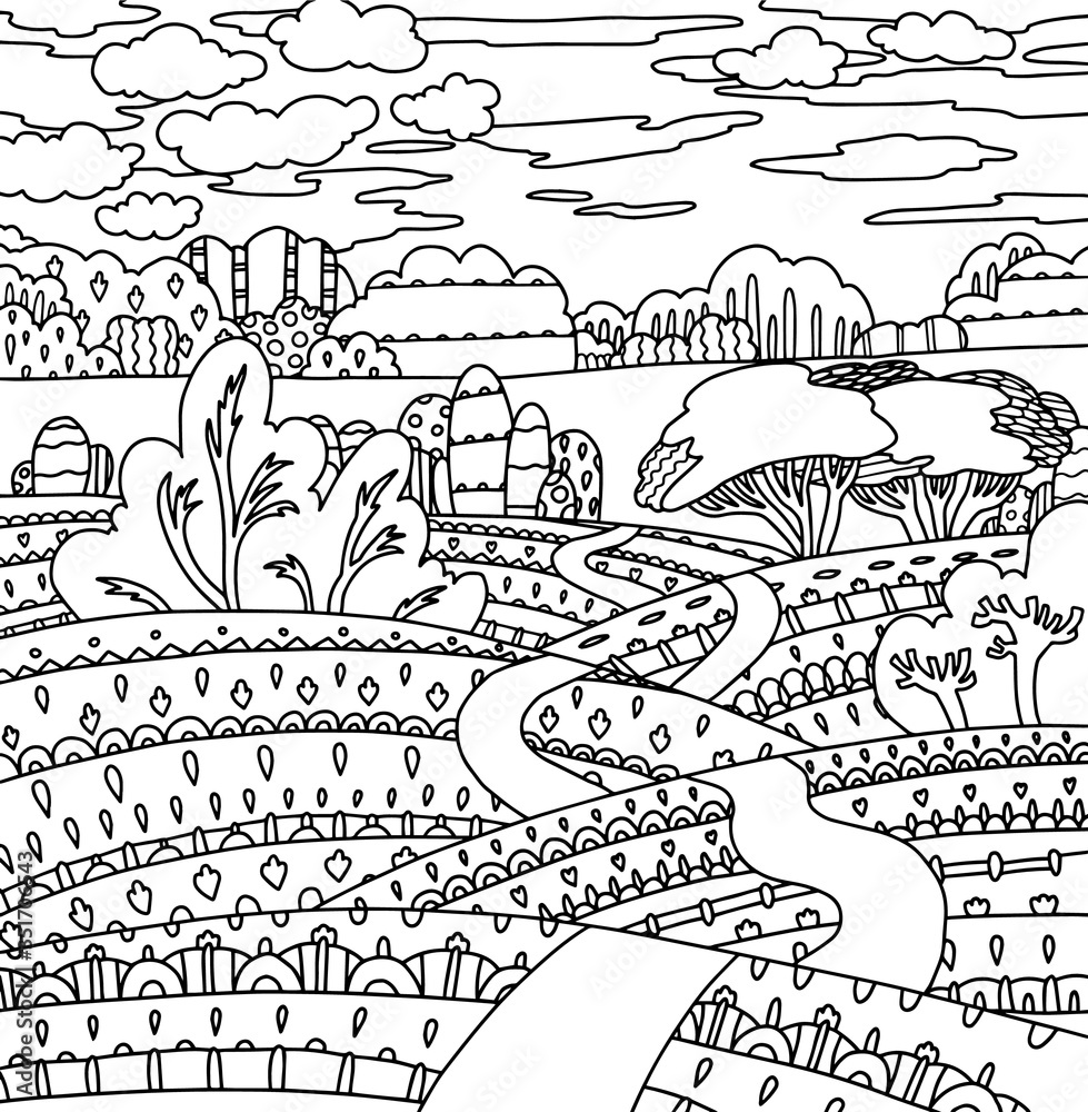 forest field fields ornate cute lined doodle coloring book page black and white background