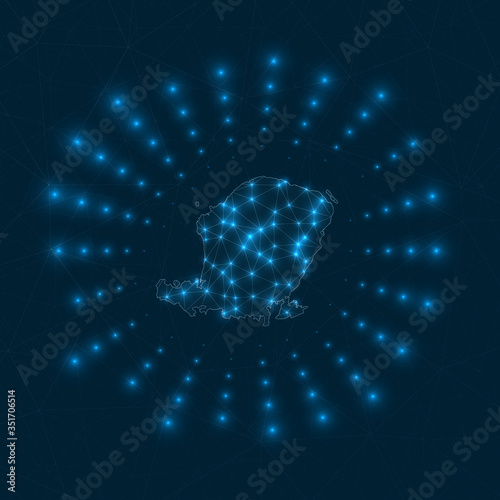 Lombok digital map. Glowing rays radiating from the island. Network connections and telecommunication design. Vector illustration.