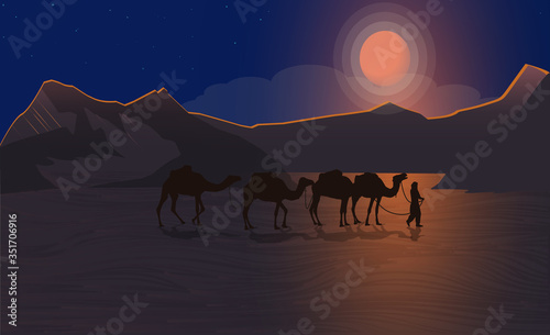 Night desert landscape. Camel caravan goes in the sand dunes. The beautiful radiance of the moon against the backdrop of the mountains. Vector illustration.