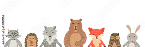 Cute hand-drawn animals set with place for your text. Cat, hare, fox, owl, rabbit, wolf and bear. 