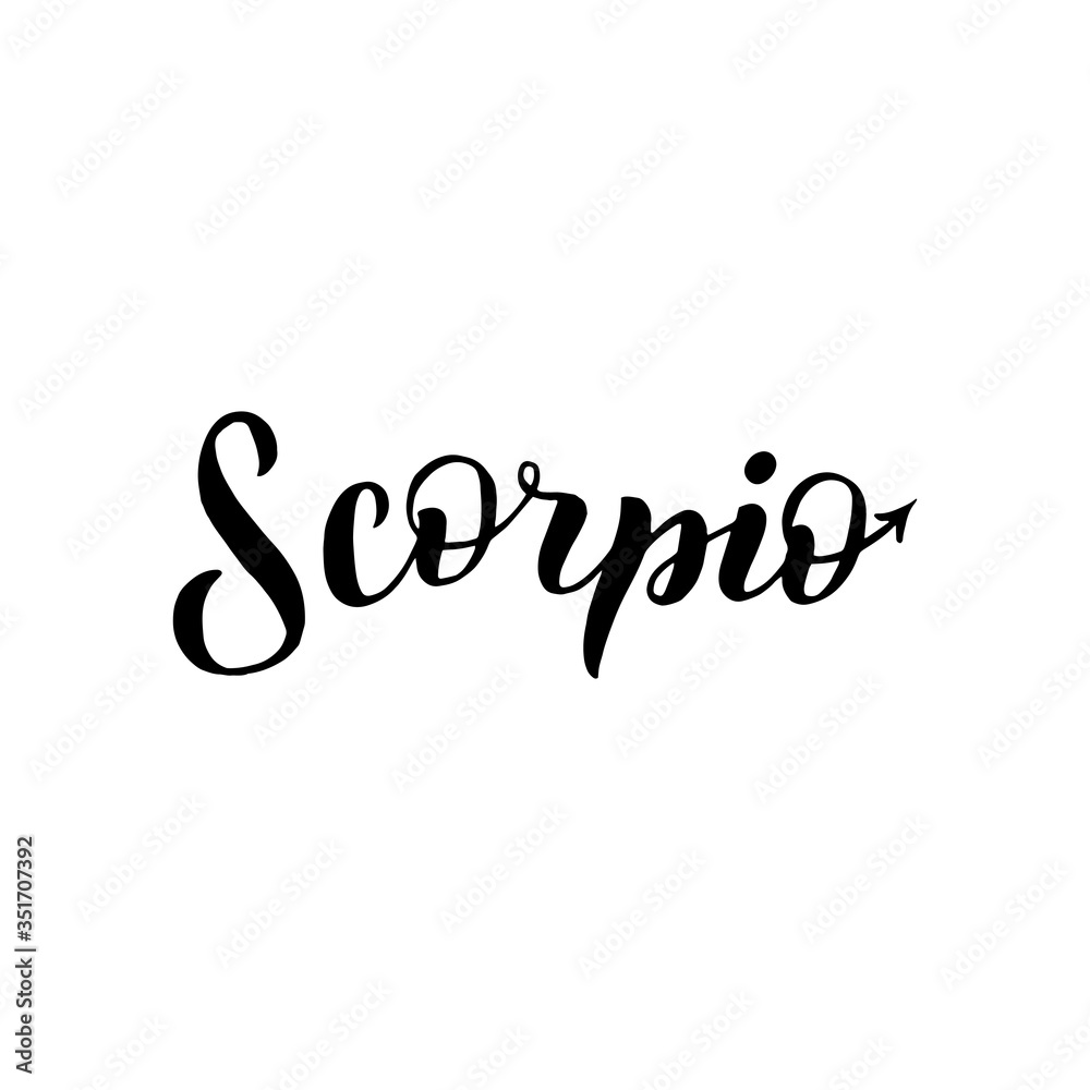 Scorpio zodiac font lettering. Handwritten black typography text. Astrology sign card isolated design. Vector eps 10.