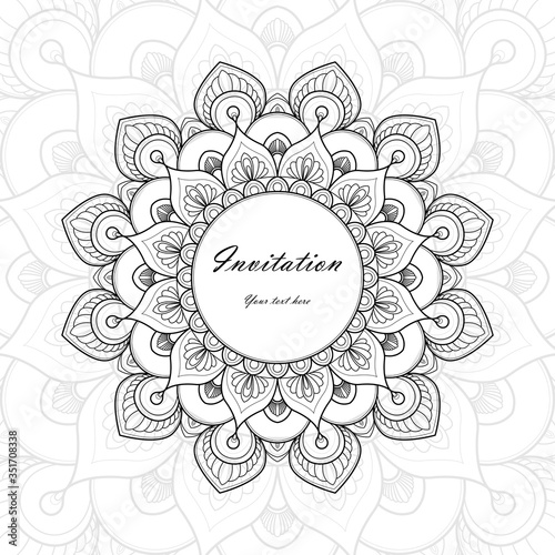 Black and white Invitation Card with mandala ornament. Card template for Wedding invitation or Birthday greeting card. Vector illustration