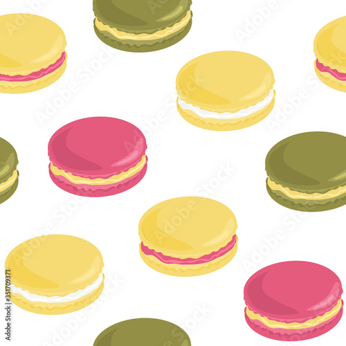Colorful french macaron cookies with different flavors, seamless vector pattern background