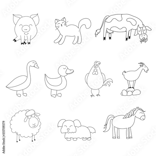 Farm  vector sketch. Collection animals such as horse  cow  bull  sheep  pig  rooster  chicken  hen  goose  rabbit  turkey  goat