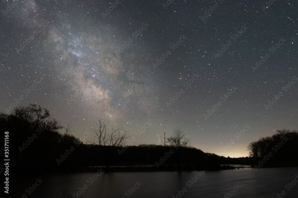 Milkyway Galaxy reflected in pond at night