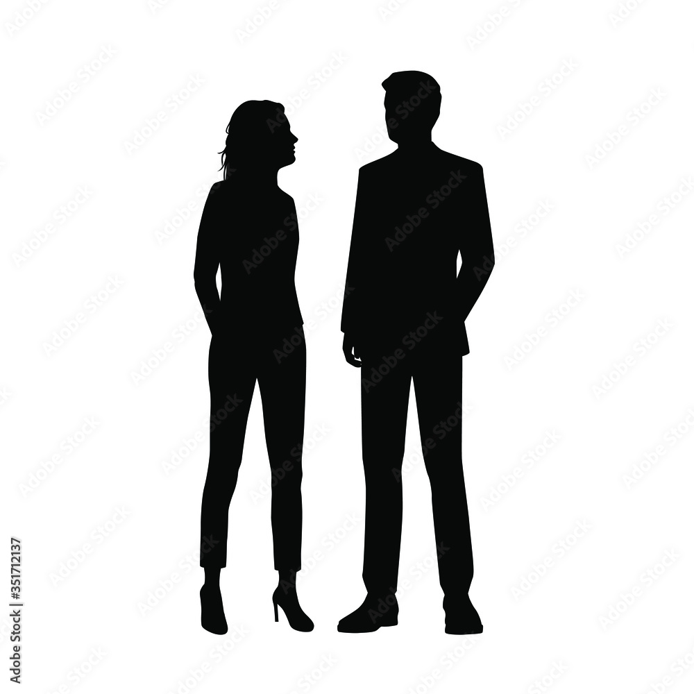 Vector silhouettes of  man and a woman, profile, a couple of standing business people, black color isolated on white background