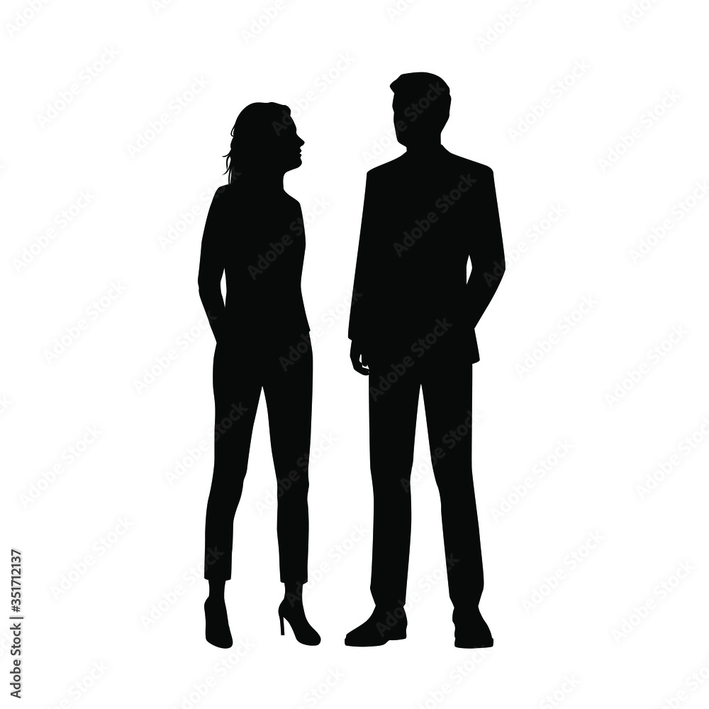 Vector silhouettes of man and a woman, profile, a couple of standing business people, black color isolated on white background Vector silhouettes of man and a woman, profile, a couple of standing business people, black color isolated on white background