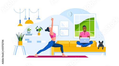 Young woman practicing yoga exercise. Man sits on a couch with dog. Concept family vacation at home. Living room with sofa, lamps, clock. Flat vector illustration. 