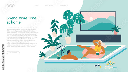 Couple spend summer vacation at swimming pool during quarantine. Vacation simulation and indoor recreation. Landing page template. Vector illustration.