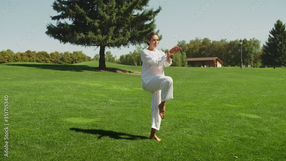 Attractive sporty woman doing yoga outdoors. Side view. Slow motion. Attractive sporty woman doing yoga outdoors. Side view. Slow motion.