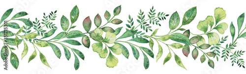 Watercolor. Border from green leaves and greenery Floral seamless pattern.