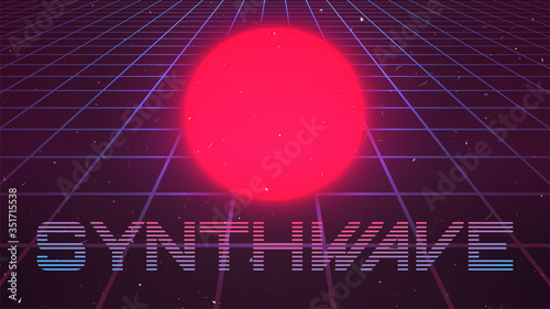 Synth wave poster. Perspective grid on dark background. Retro style word Synthwave. Big pink sun, sphere or planet. 80 s party flyer, banner or print template. Retrowave art. Stock vector illustration