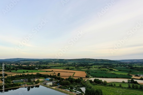 spectacular colourful countryside with distant hills. Aerial view of British countryside