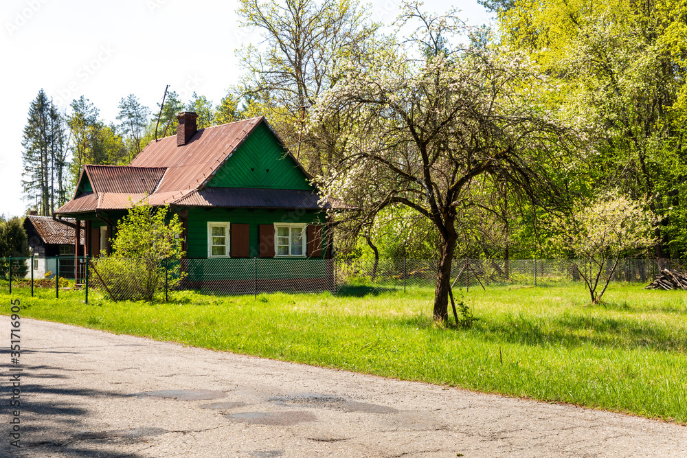 Wooden house next to the street village, green building walls, nice shutters in windows. Village single house landscape. Poland, Europe. Wooden house next to the street village, green building walls, nice shutters in windows. Village single house landscape. Poland, Europe.