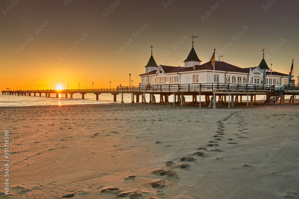 morning time at baltic sea beach and sight Ahlbeck pier in sunrise morning time at baltic sea beach and sight Ahlbeck pier in sunrise
