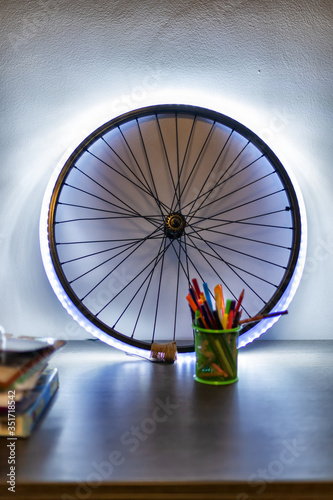 Handmade LED table lamp from an old bike wheel