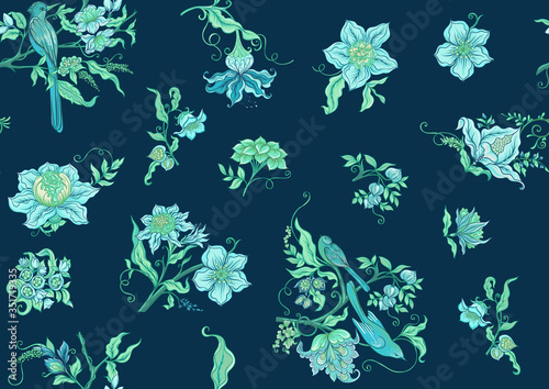 Fantasy flowers and birds in retro, vintage, jacobean embroidery style. Seamless pattern, background. Vector illustration. On navy blue background.