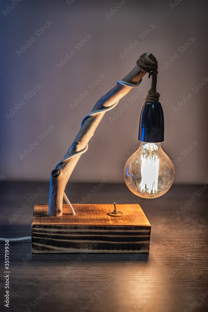 Unique handmade table lamp from driftwood and vintage bulb light