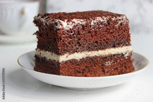 A slice of chocolate cake with white cream with a curl on a light background.