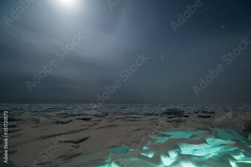 broken ice on Lake Baikal at night