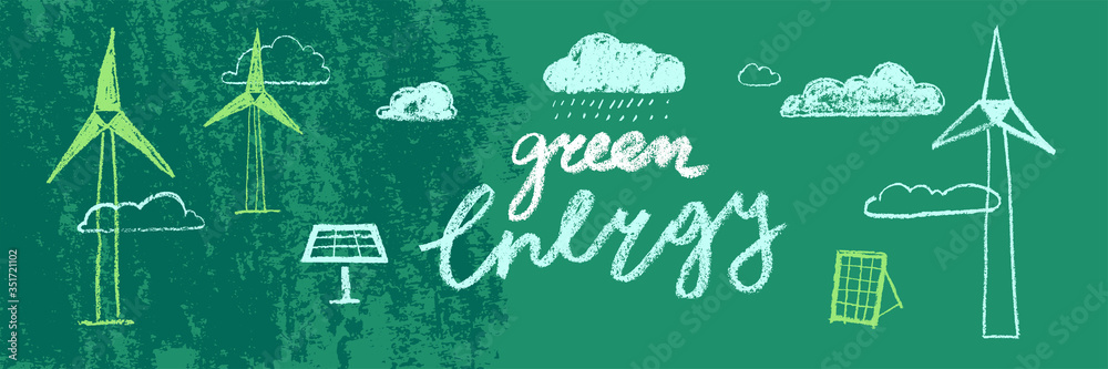 Green energy banner in hand-drawn style on abstract pattern background. Vector creative illustration of Alternative energy concept. Renewable energy logo. Environmental texture with eco icons.