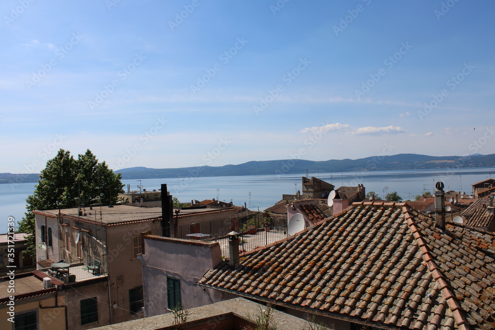 aerial view of old town and lake  old town Anguillara Sabazia  on lake bracciano near rome italy