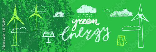 Green energy banner in hand-drawn style on abstract pattern background. Vector creative illustration of Alternative energy concept. Renewable energy logo. Environmental texture with eco icons.