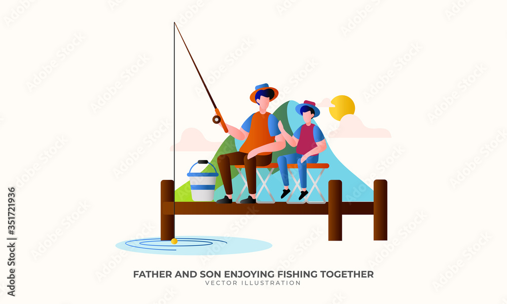 Father and Son Enjoying Fishing Together Vector Illustration Concept