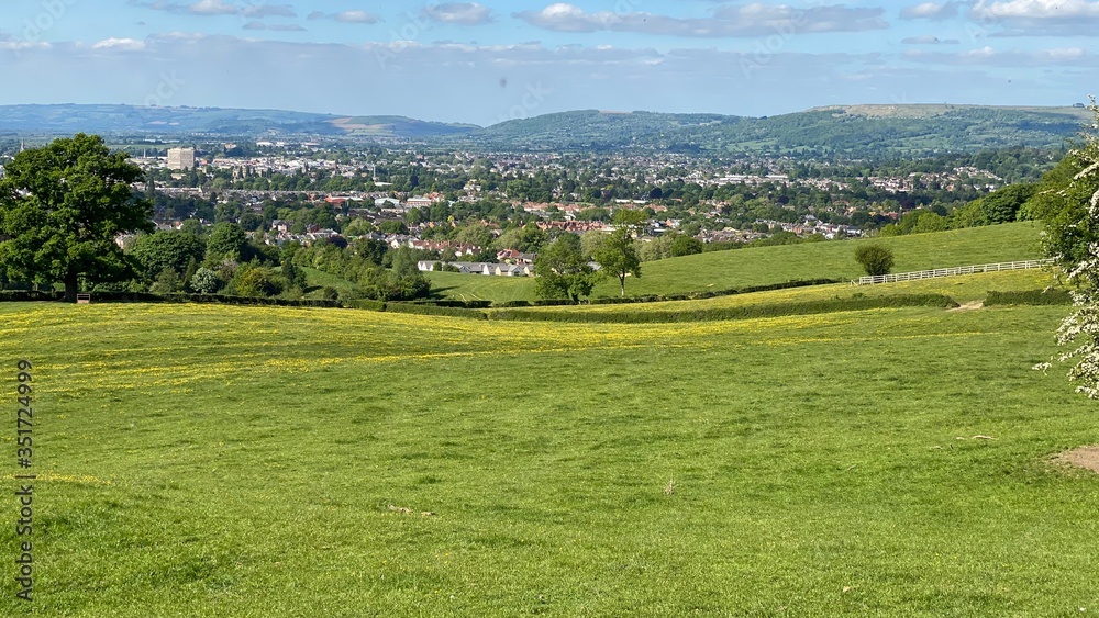 Lower slopes of Leckhampton Hills looking over Cheltenham towards winchcombe and Cleeve Hills