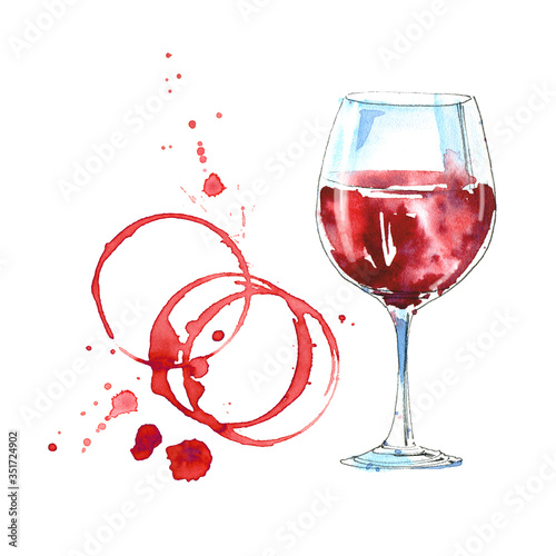 Glass of a red wine.Picture of a alcoholic drink.Watercolor hand drawn illustration.White background. 