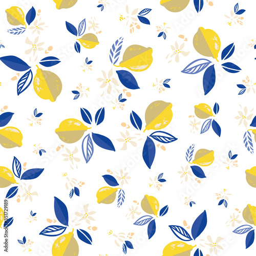 Vector citrus floral mediterranean summer lemon repeating pattern. Hand drawn textured citrus fruit pattern with leaf and blossom on white background. Classy summer backdrop.