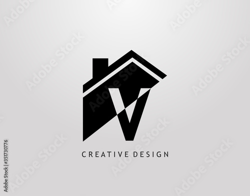 V Letter Logo. house shape with negative letter H, Real Estate Architecture Construction Icon Design.