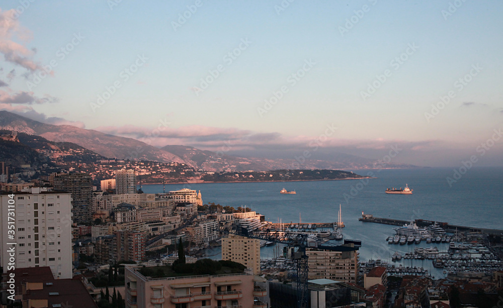 sunset over the city, Monaco, Mediterranean sea