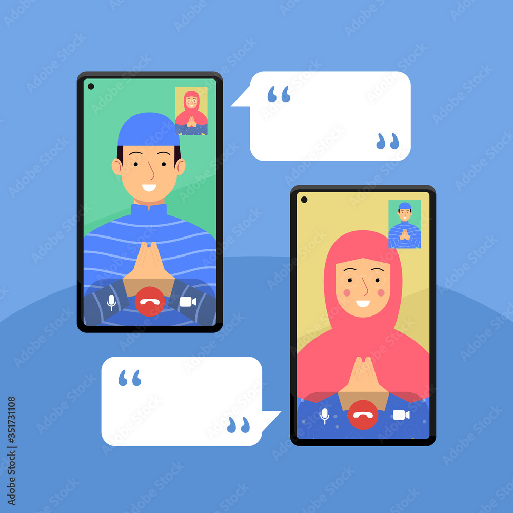 people video call happy eid mubarak. flat illustration concept. boy and girl communication on virtual online app with namaste hand and conversation template. vector graphic design people video call happy eid mubarak. flat illustration concept. boy and girl communication on virtual online app with namaste hand and conversation template. vector graphic design