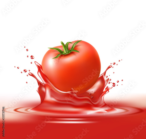 Vector realistic ripe tomato red juice splash