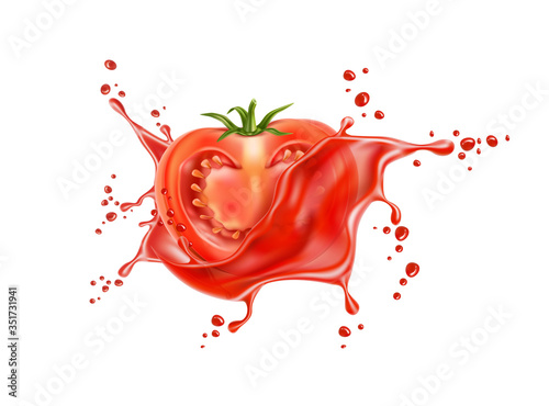 Vector realistic ripe tomato red juice splash