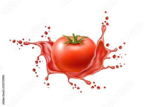 Vector realistic ripe tomato red juice splash