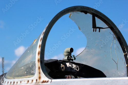 Broken cockpit of old aircraft on the airplane cemetery in Vovchansk, Eastern Ukraine