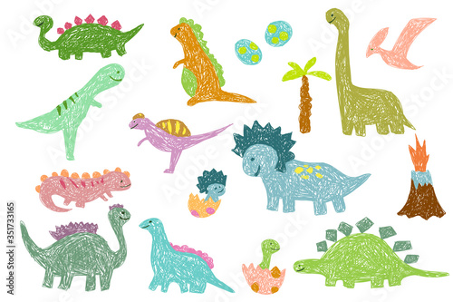 Fototapeta Naklejka Na Ścianę i Meble -  Kids drawing. Set of colorful dinosaurs.