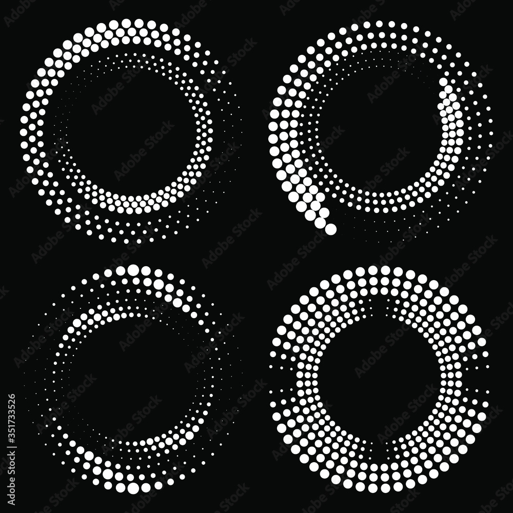 Set of abstract white dotted lines in round form. Halftone dots. Trendy design element for frames, logo, tattoo, sign, symbol, web, prints, posters, template, pattern and abstract background