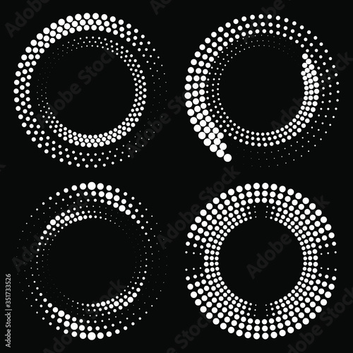 Set of abstract white dotted lines in round form. Halftone dots. Trendy design element for frames, logo, tattoo, sign, symbol, web, prints, posters, template, pattern and abstract background