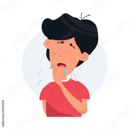Boy kid character coughing and sneezing. Sick Kid. Season allergy. Flat cartoon vector stock Illustration isolated on white background.