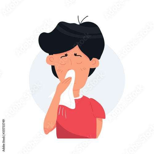 Boy kid character coughing and sneezing. Sick Kid. Season allergy. Flat cartoon vector stock Illustration isolated on white background.