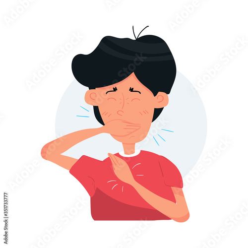 Boy kid character coughing and sneezing. Sick Kid. Season allergy. Flat cartoon vector stock Illustration isolated on white background.