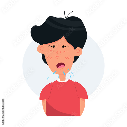 Boy kid character coughing and sneezing. Sick Kid. Season allergy. Flat cartoon vector stock Illustration isolated on white background.
