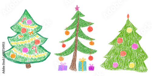 Children's drawing. Christmas trees. Vector illustration.