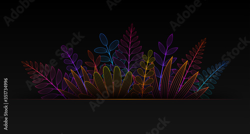Vector neon tropical floral border; Acid gradients on black background; Elegant line graphic art; Futuristic design of frame with exotic palm leaves and plants; Minimal decor for card, poster, banner.