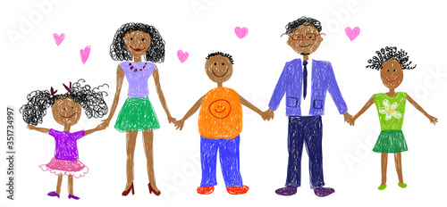 Children's drawing. African american big happy family.