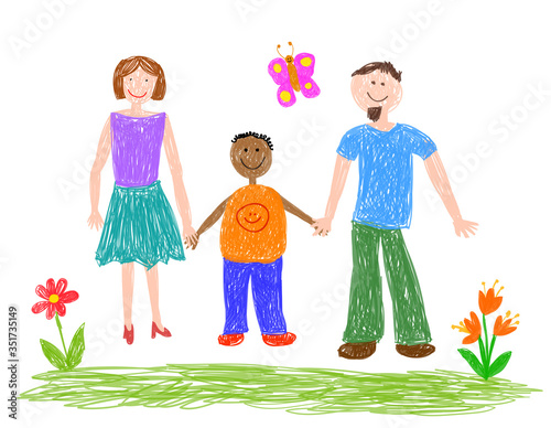 Happy family. Adopted black boy. Vector illustration